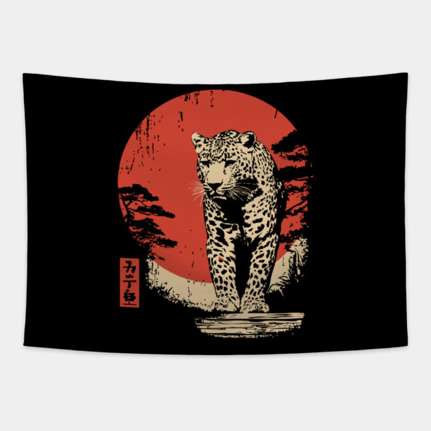 Stalking Jaguar Vintage Ukiyo-e Wildlife Art Tapestry by TuncGK