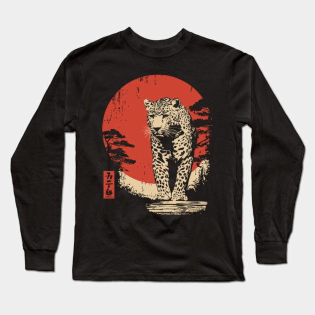 Stalking Jaguar Vintage Ukiyo-e Wildlife Art Long Sleeve T-Shirt by TuncGK