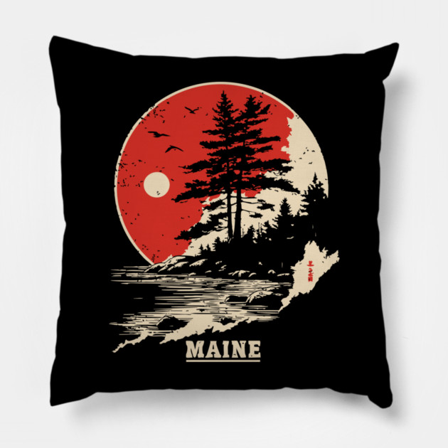Vintage Maine Coastline Japanese Art Style Travel Pillow by TuncGK