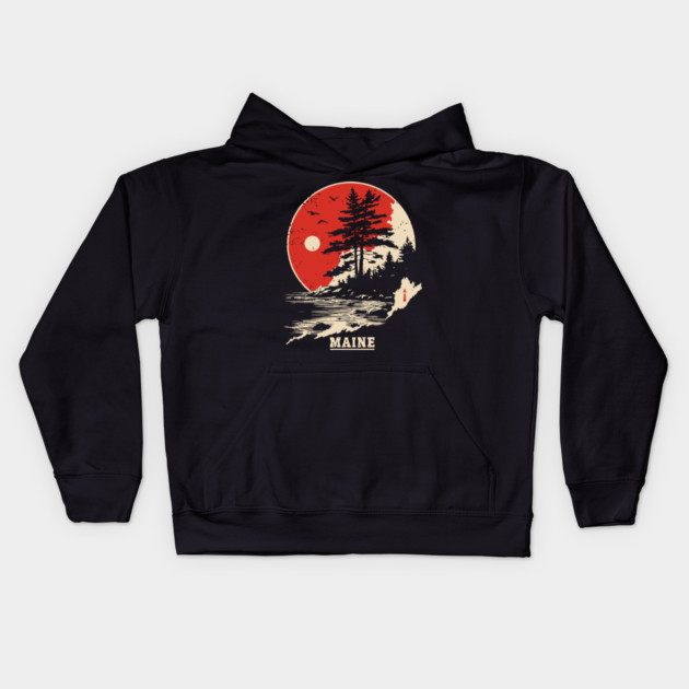 Vintage Maine Coastline Japanese Art Style Travel Kids Hoodie by TuncGK
