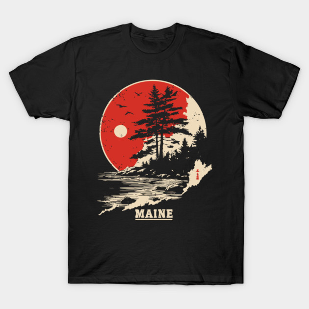 Vintage Maine Coastline Japanese Art Style Travel T-Shirt by TuncGK
