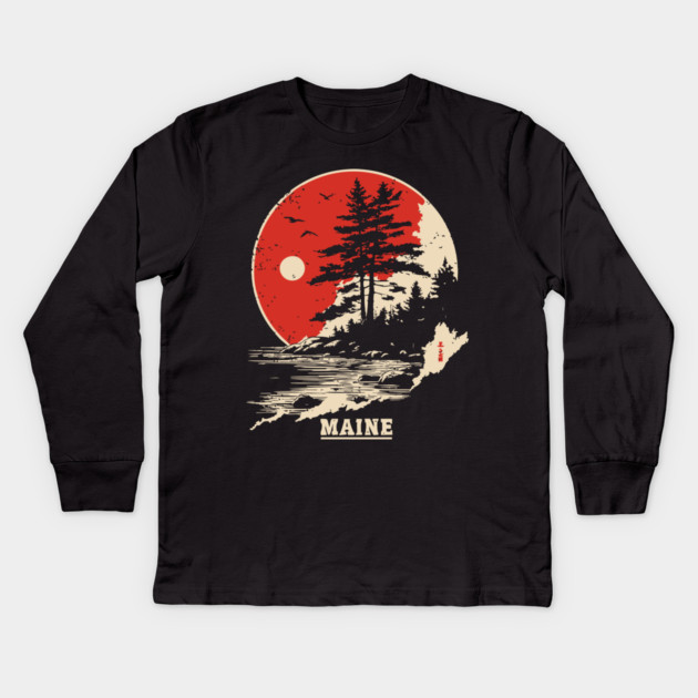Vintage Maine Coastline Japanese Art Style Travel Kids Long Sleeve T-Shirt by TuncGK