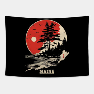 Vintage Maine Coastline Japanese Art Style Travel Tapestry