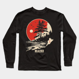 Vintage Maine Coastline Japanese Art Style Travel Long Sleeve T-Shirt