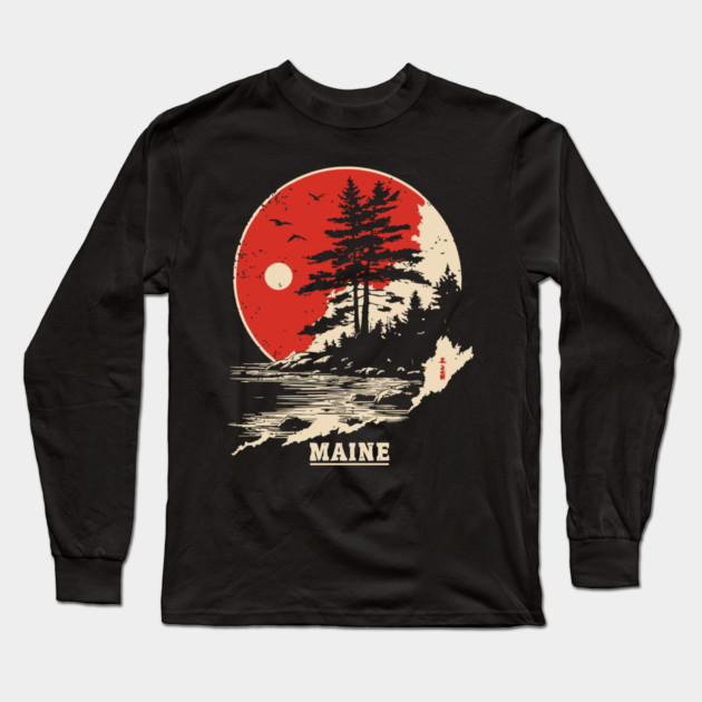 Vintage Maine Coastline Japanese Art Style Travel Long Sleeve T-Shirt by TuncGK