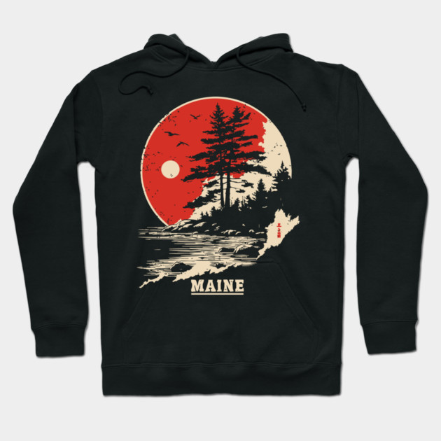 Vintage Maine Coastline Japanese Art Style Travel Hoodie by TuncGK