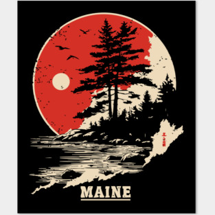 Vintage Maine Coastline Japanese Art Style Travel Posters and Art