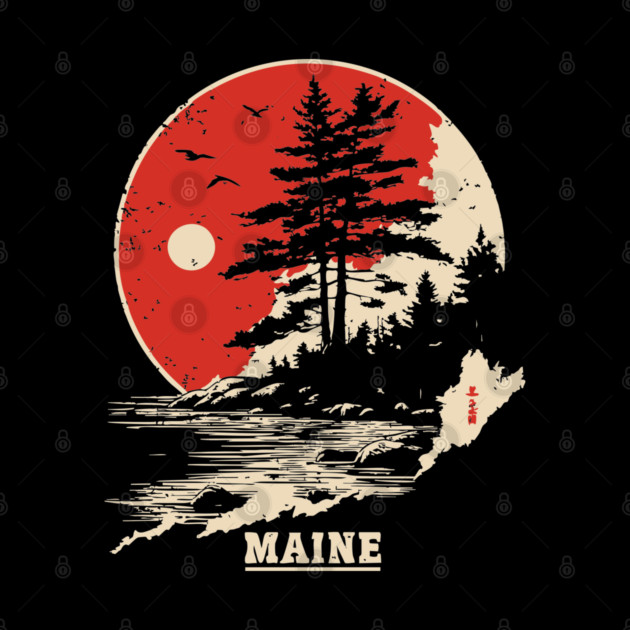 Vintage Maine Coastline Japanese Art Style Travel by TuncGK