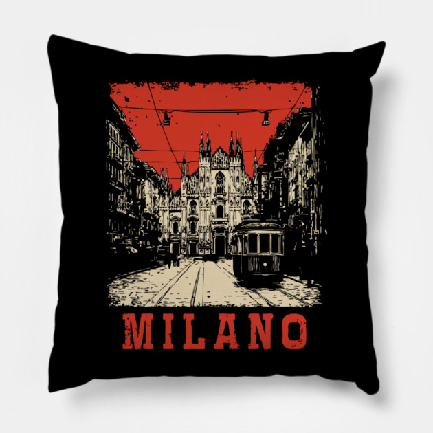 Vintage Milano Italy Streetcar Travel Poster Art Pillow by TuncGK