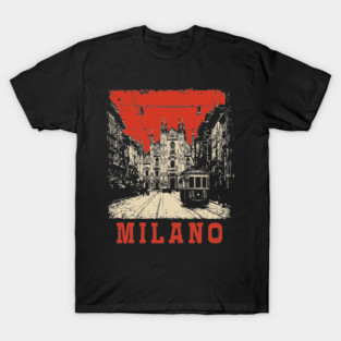 Vintage Milano Italy Streetcar Travel Poster Art T-Shirt