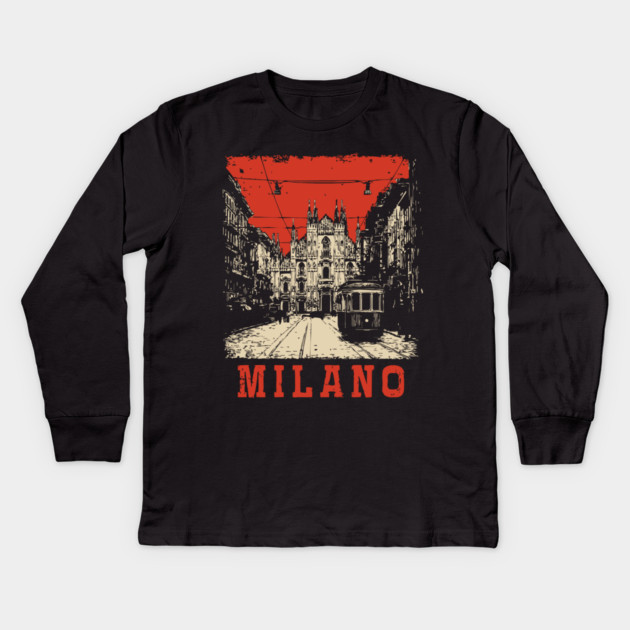 Vintage Milano Italy Streetcar Travel Poster Art Kids Long Sleeve T-Shirt by TuncGK