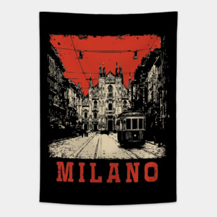 Vintage Milano Italy Streetcar Travel Poster Art Tapestry