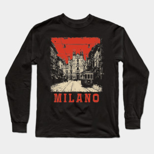 Vintage Milano Italy Streetcar Travel Poster Art Long Sleeve T-Shirt