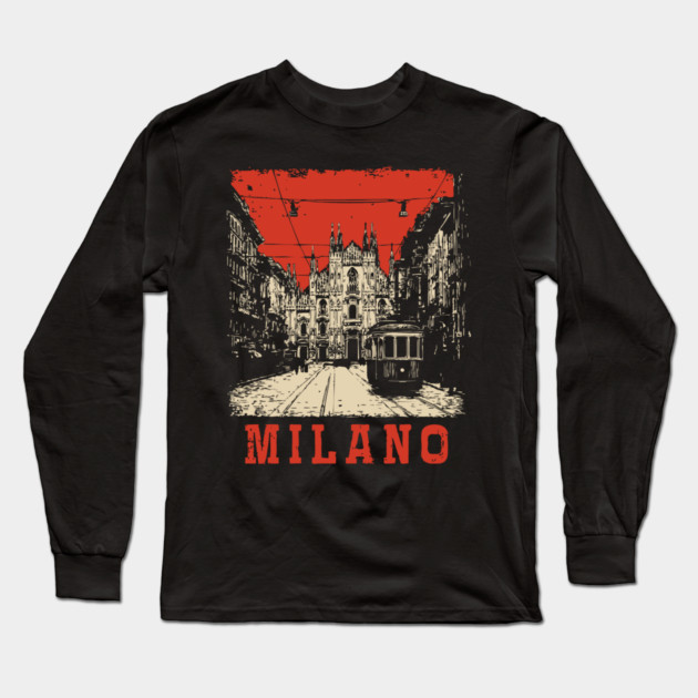 Vintage Milano Italy Streetcar Travel Poster Art Long Sleeve T-Shirt by TuncGK