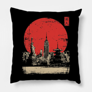New York City and Pagoda Japanese Art Fusion Pillow