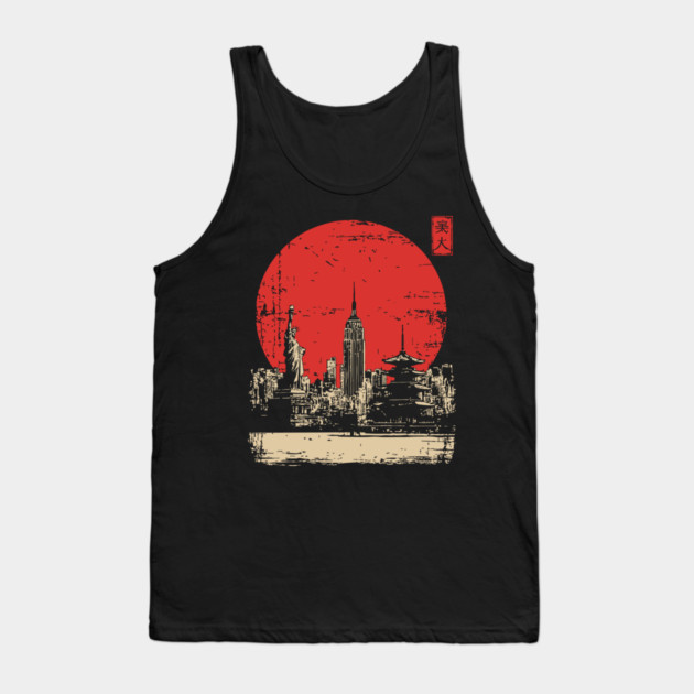 New York City and Pagoda Japanese Art Fusion Tank Top by TuncGK