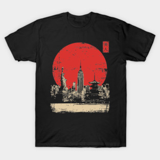 New York City and Pagoda Japanese Art Fusion T-Shirt