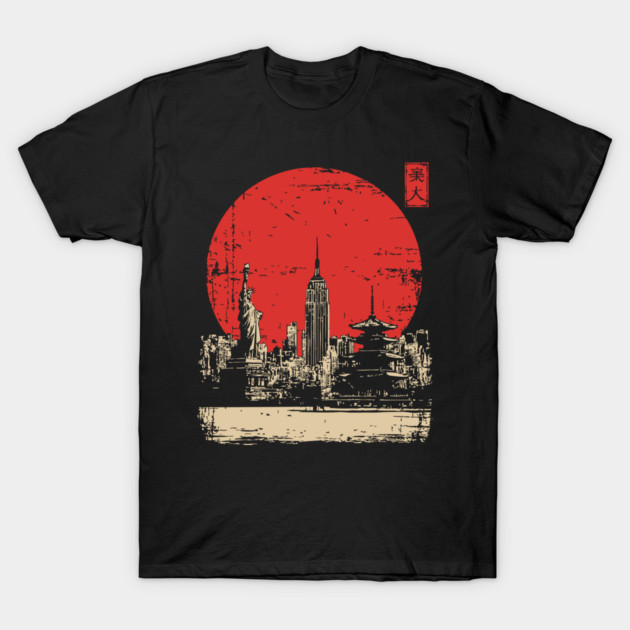 New York City and Pagoda Japanese Art Fusion T-Shirt by TuncGK