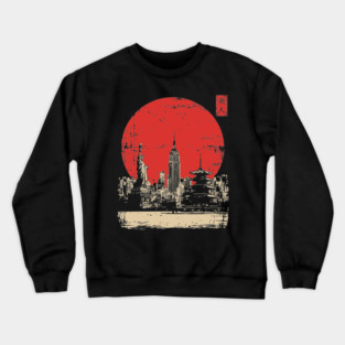 New York City and Pagoda Japanese Art Fusion Crewneck Sweatshirt