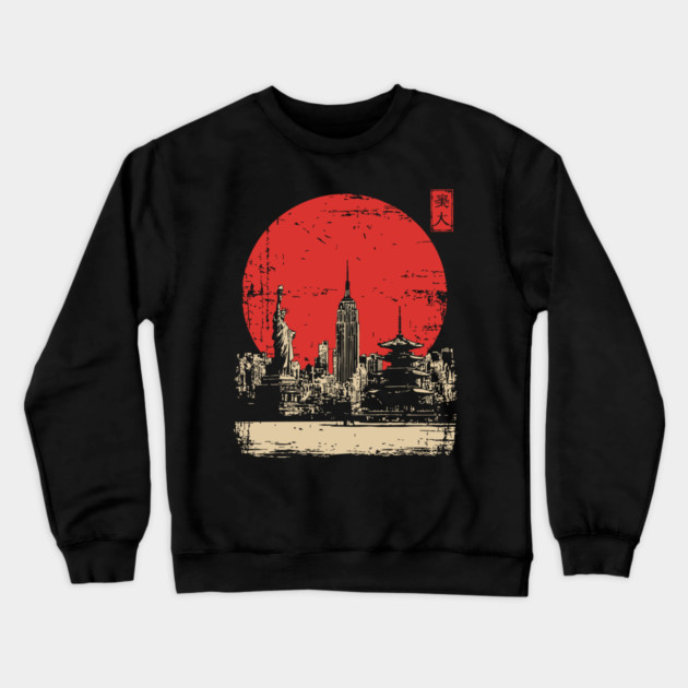 New York City and Pagoda Japanese Art Fusion Crewneck Sweatshirt by TuncGK
