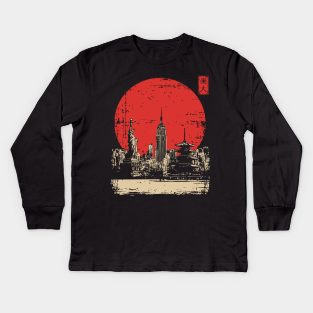 New York City and Pagoda Japanese Art Fusion Kids Long Sleeve T-Shirt by TuncGK