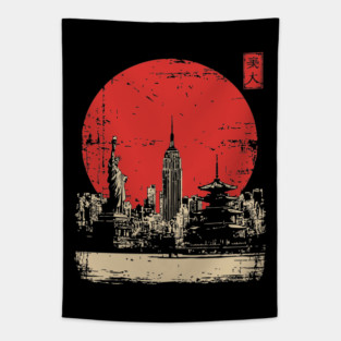 New York City and Pagoda Japanese Art Fusion Tapestry