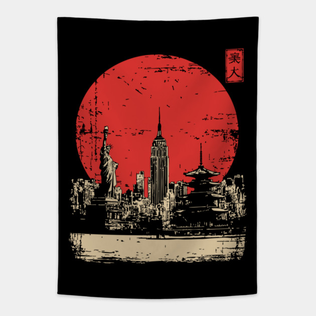 New York City and Pagoda Japanese Art Fusion Tapestry by TuncGK