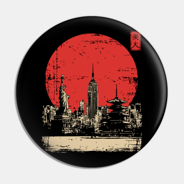 New York City and Pagoda Japanese Art Fusion Pin by TuncGK