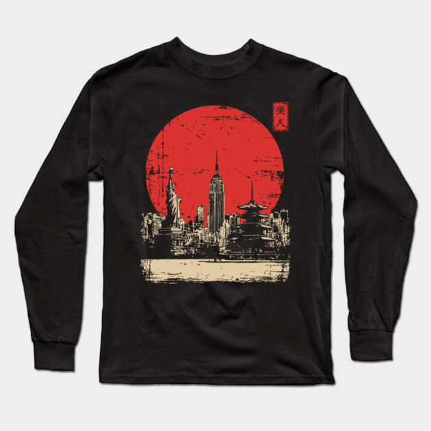 New York City and Pagoda Japanese Art Fusion Long Sleeve T-Shirt by TuncGK