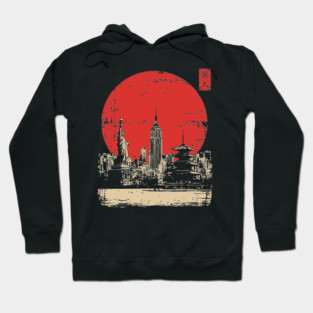 New York City and Pagoda Japanese Art Fusion Hoodie