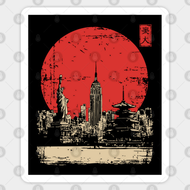 New York City and Pagoda Japanese Art Fusion Sticker by TuncGK