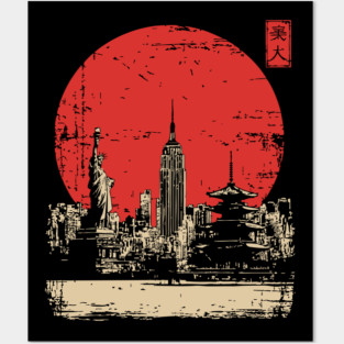 New York City and Pagoda Japanese Art Fusion Posters and Art