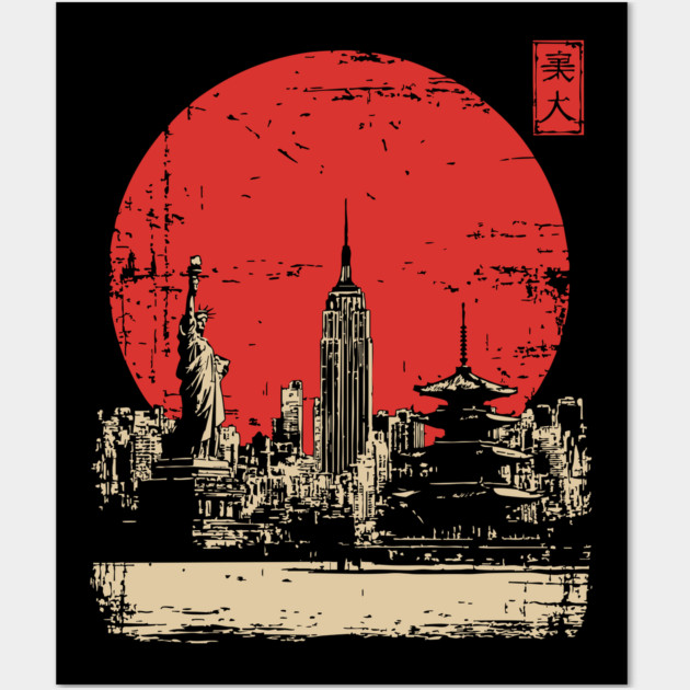New York City and Pagoda Japanese Art Fusion Wall Art by TuncGK