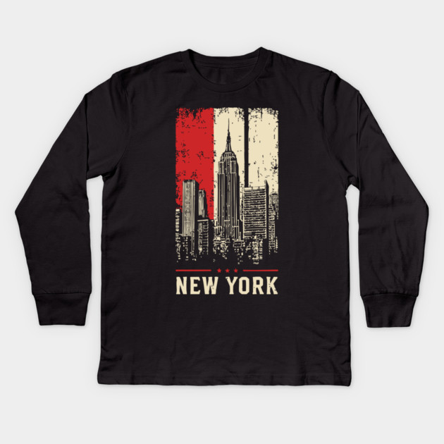 Gritty New York City Skyline Vintage Graphic Art Kids Long Sleeve T-Shirt by TuncGK
