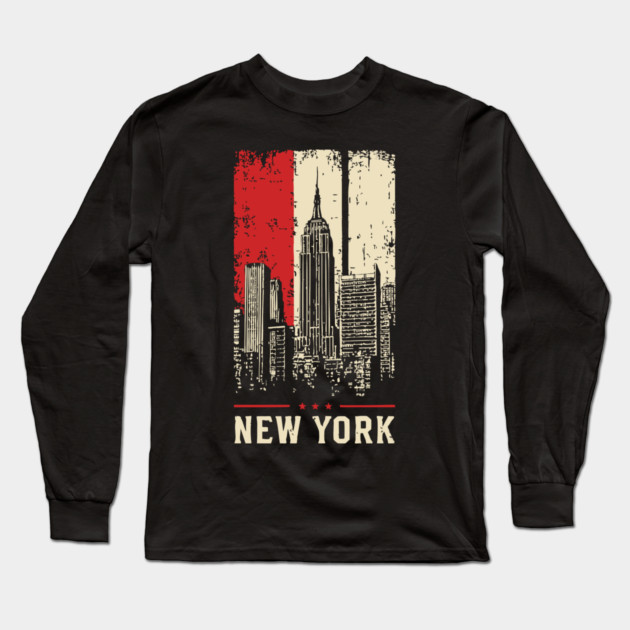 Gritty New York City Skyline Vintage Graphic Art Long Sleeve T-Shirt by TuncGK
