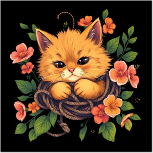 Ginger Pussy Cat with Flowers Posters and Art