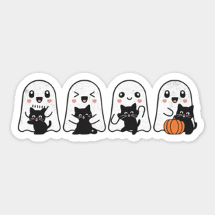 Kawaii Ghosts with Black Cats Halloween Design Sticker