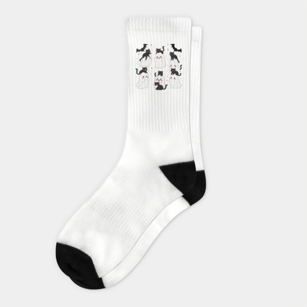 Kawaii Ghosts with Playful Black Cats Halloween Design Socks by Designed By Marty