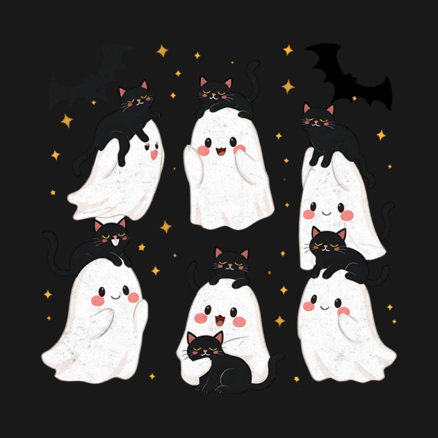 Kawaii Ghosts with Playful Black Cats Halloween Design by Designed By Marty