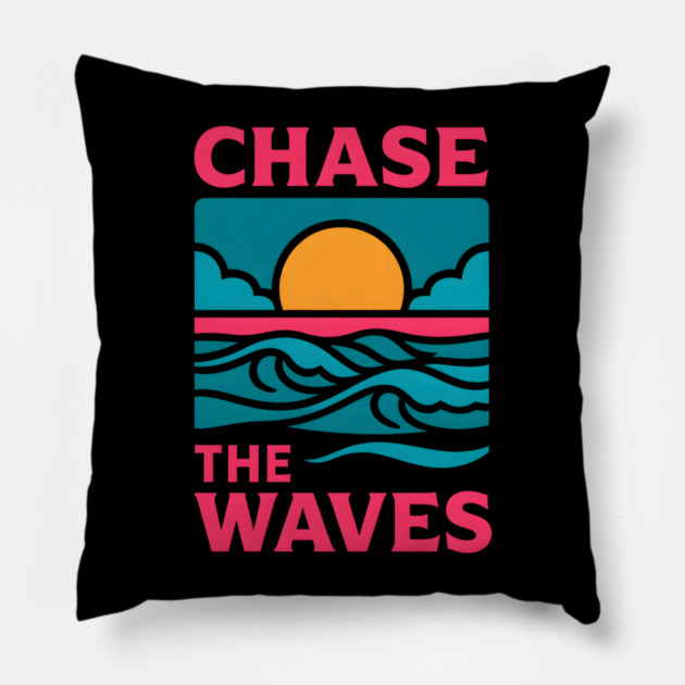 Chase the Waves – Retro Ocean Adventure Artwork Pillow by MakerMind8.2