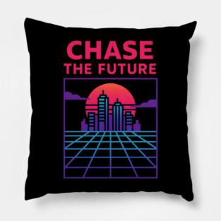 “Chase the Future – Retrowave Neon City Artwork Pillow