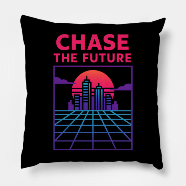 “Chase the Future – Retrowave Neon City Artwork Pillow by MakerMind8.2
