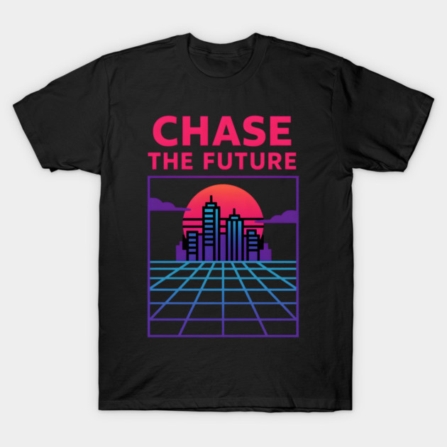 “Chase the Future – Retrowave Neon City Artwork T-Shirt by MakerMind8.2
