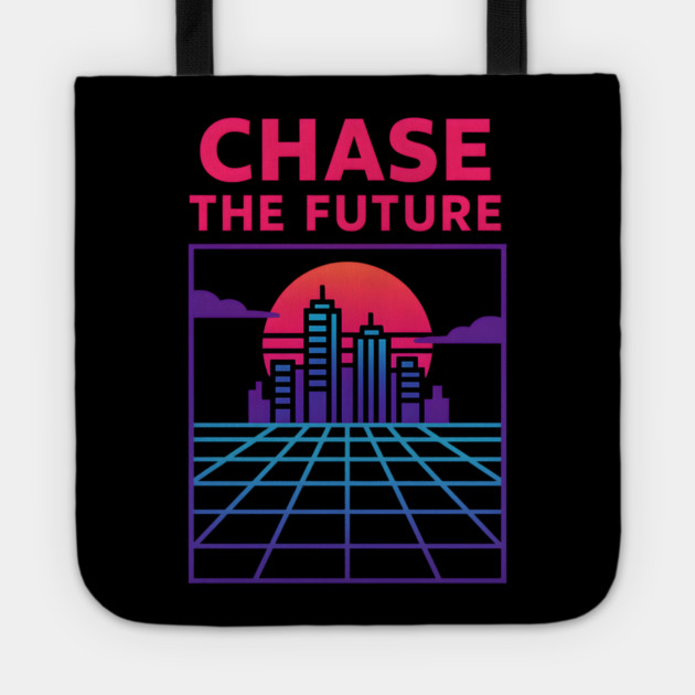 “Chase the Future – Retrowave Neon City Artwork Tote by MakerMind8.2