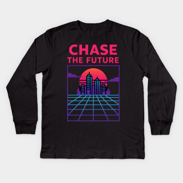 “Chase the Future – Retrowave Neon City Artwork Kids Long Sleeve T-Shirt by MakerMind8.2
