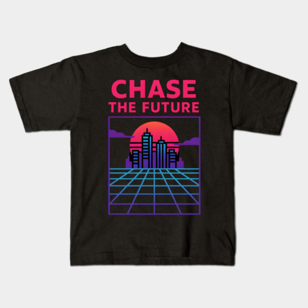 “Chase the Future – Retrowave Neon City Artwork Kids T-Shirt by MakerMind8.2