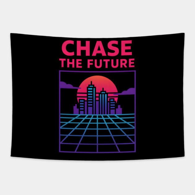 “Chase the Future – Retrowave Neon City Artwork Tapestry by MakerMind8.2