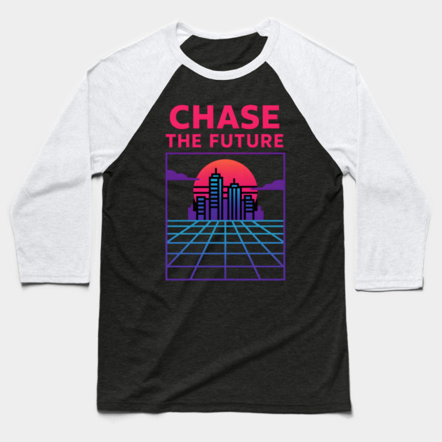 “Chase the Future – Retrowave Neon City Artwork Baseball T-Shirt by MakerMind8.2