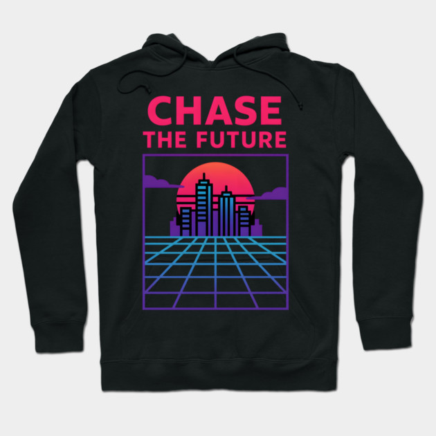 “Chase the Future – Retrowave Neon City Artwork Hoodie by MakerMind8.2