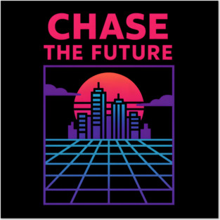 “Chase the Future – Retrowave Neon City Artwork Posters and Art